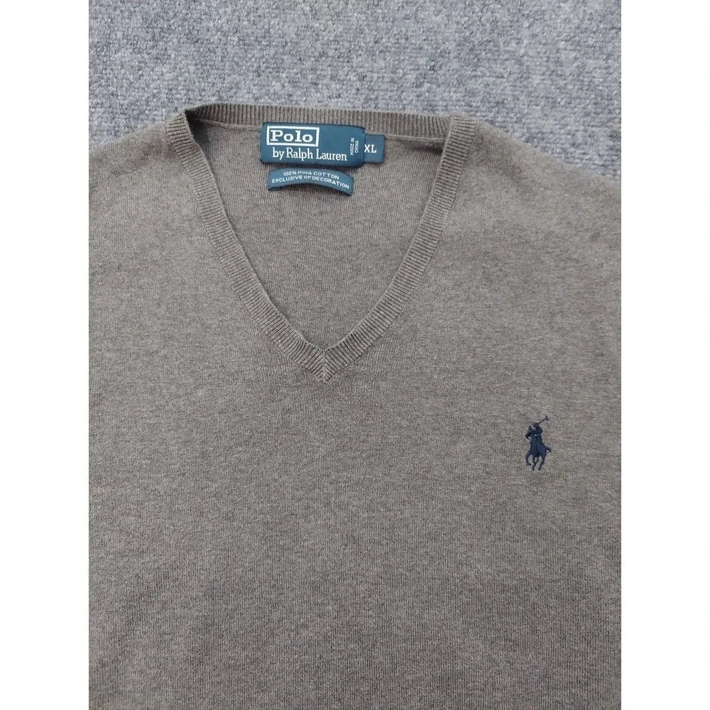 Polo Ralph Lauren Sweater Mens XL Gray Olive V Neck Pony Vtg Pima Cotton